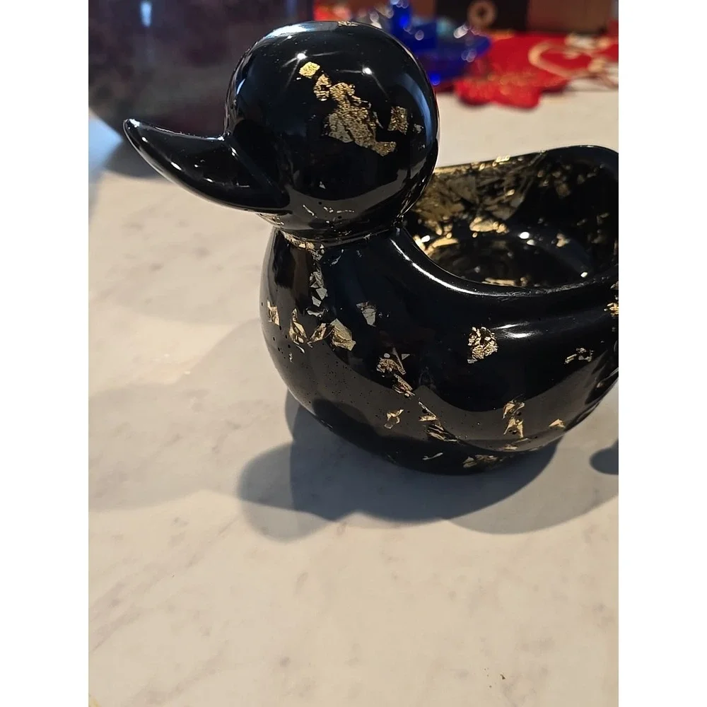 Handmade Resin Mommy Duck With Babies Black Gold Decoration Gift 673